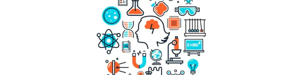 Outline of a human head surrounded by colorful science icons, including lab equipment, atoms, and molecules.