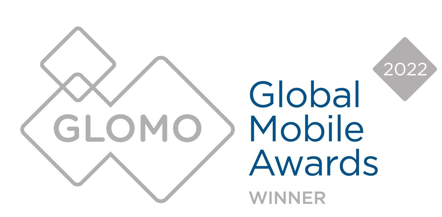 Global Mobile Awards 2022 winner logo with geometric design and "GLOMO" text.