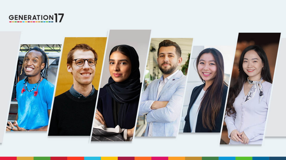 Six young adults of diverse backgrounds stand side by side, smiling, beneath the Generation17 logo.