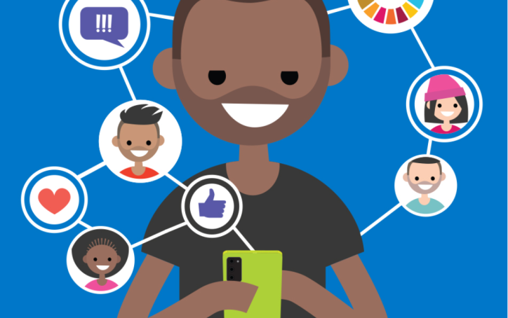 Smiling person using a smartphone, with social media icons and diverse avatars connected around them.