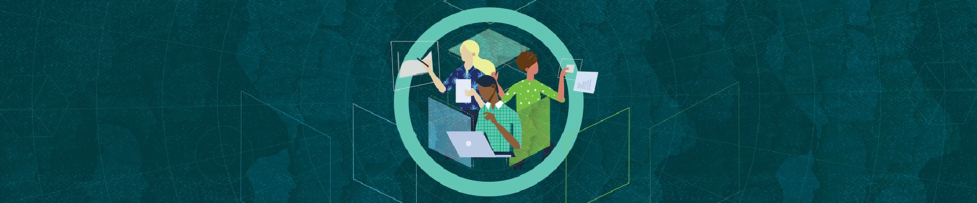 Illustration of two people surrounded by laptops, charts, and documents on a blue-green textured background.