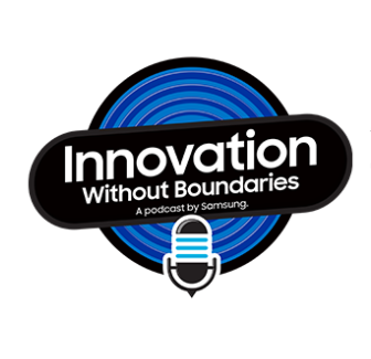 Logo for "Innovation Without Boundaries" podcast by Samsung, with a microphone and blue circular background.