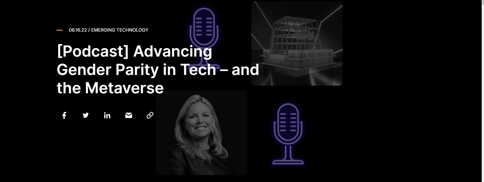 Podcast cover: “Advancing Gender Parity in Tech and the Metaverse” with a woman’s photo, microphones, and tech imagery.