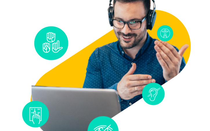 Man wearing headphones gestures while video calling on laptop, surrounded by accessibility icons.