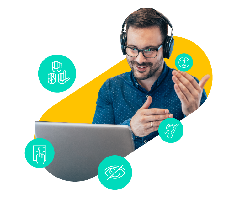 Man wearing headphones gestures while video calling on laptop, surrounded by accessibility icons.