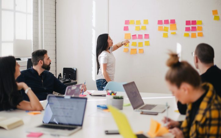 Woman leading a meeting, pointing at sticky notes on a whiteboard, with team members at a table.
