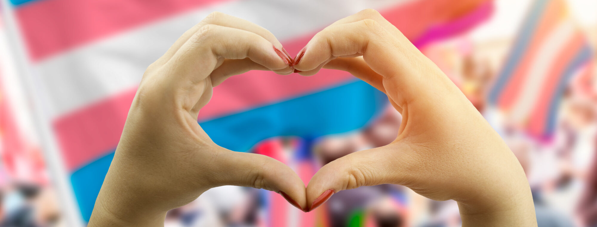 Two hands forming a heart in front of the transgender flag.