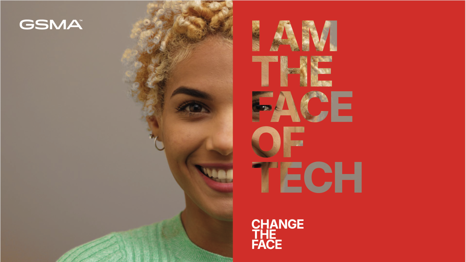 A smiling woman next to bold text saying "I am the face of tech. Change the face." on a red background.