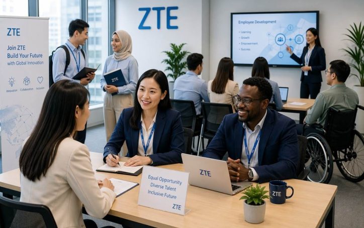 Diverse professionals in a modern office participate in a meeting, with a presentation on employee development.