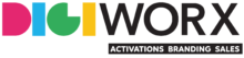 Logo with “DIGIWORX”; “DIGI” in bold pink, blue, green, and yellow letters, “WORX” in black. Below, a black rectangle contains white text: “ACTIVATIONS BRANDING SALES.” White background.