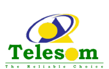 Telesom logo features green text “Telesom,” with the “o” as a yellow circle. Above it are blue and yellow geometric shapes. Below, in green, is the slogan “The Reliable Choice.” The background is white.
