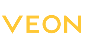 The image shows the word “VEON” in bold, uppercase, yellow letters on a white background. The font is modern and sans-serif, and the design is minimalistic with evenly spaced characters.