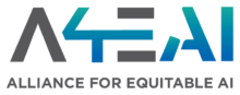 The logo for the Alliance for Equitable AI features the stylized acronym “A4EAI” in bold, geometric lettering. The characters transition from dark gray to a vibrant teal-to-blue gradient, positioned above the full organization name written in dark gray, all-caps sans-serif text.