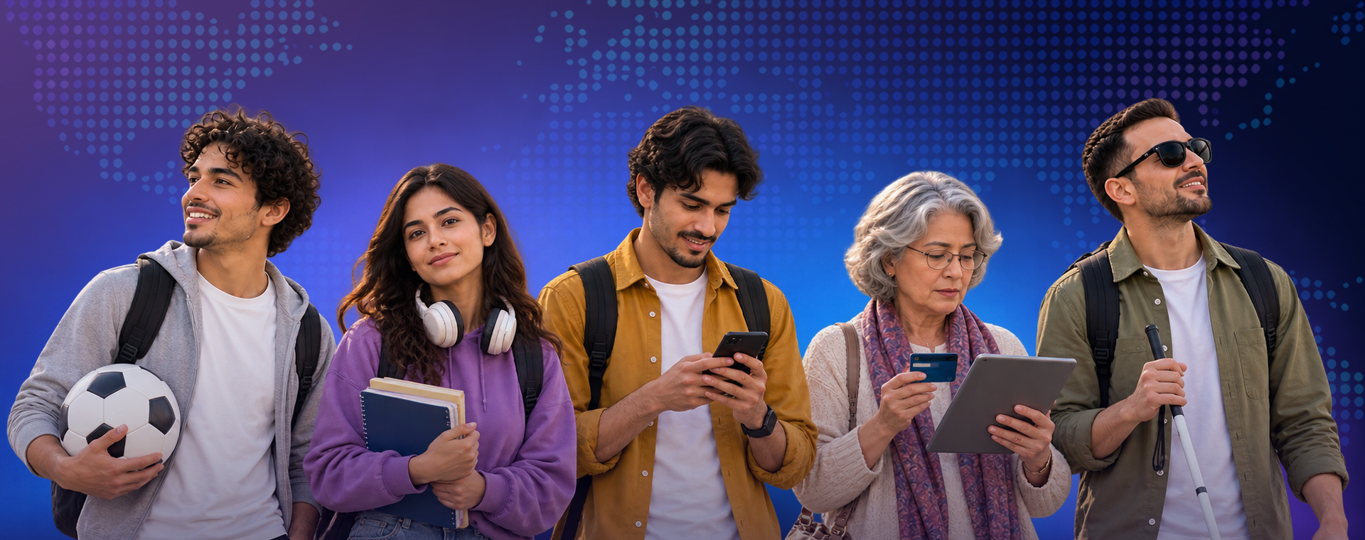 Five diverse people stand against a purple background featuring a digital world map. From left to right: a student with a soccer ball, a student with books and headphones, a man looking at a smartphone, an older woman holding a credit card and tablet, and a man with sunglasses holding a white cane.