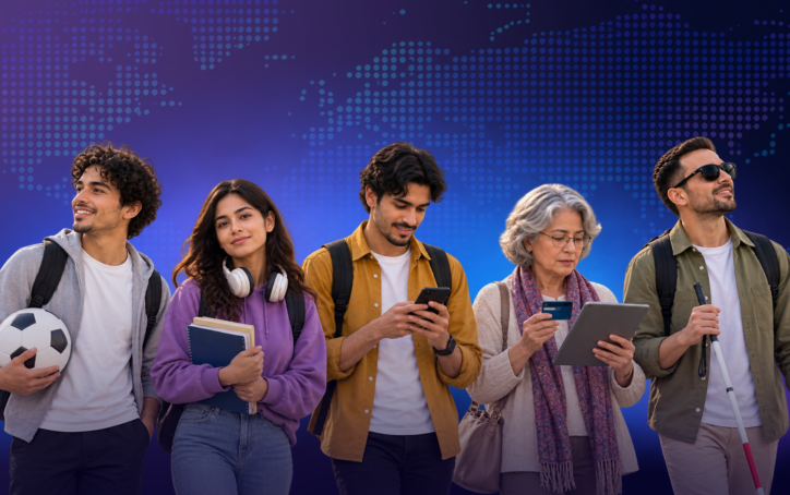 Five diverse people stand against a purple background featuring a digital world map. From left to right: a student with a soccer ball, a student with books and headphones, a man looking at a smartphone, an older woman holding a credit card and tablet, and a man with sunglasses holding a white cane.